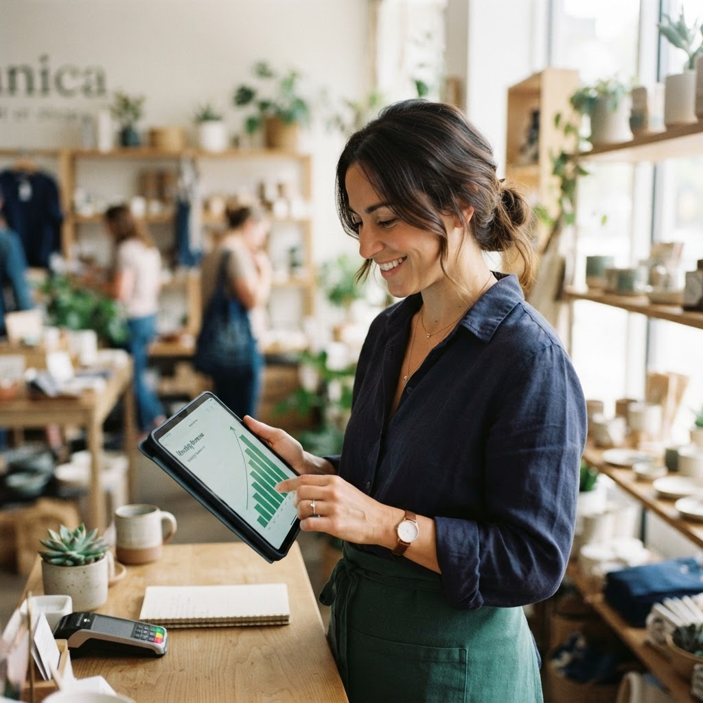 A business owner reviewing an upward growth chart on a tablet