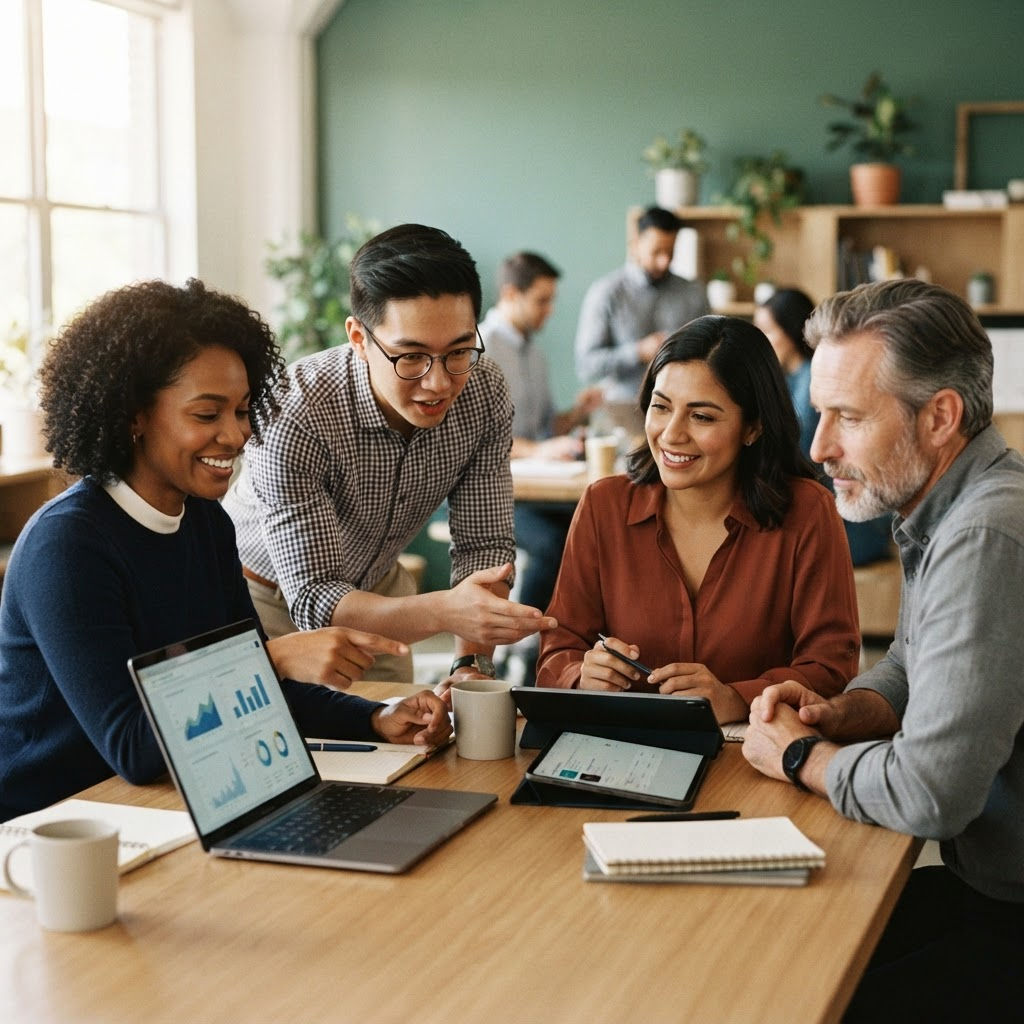 A small business team collaborating around a laptop while reviewing AI-assisted workflows